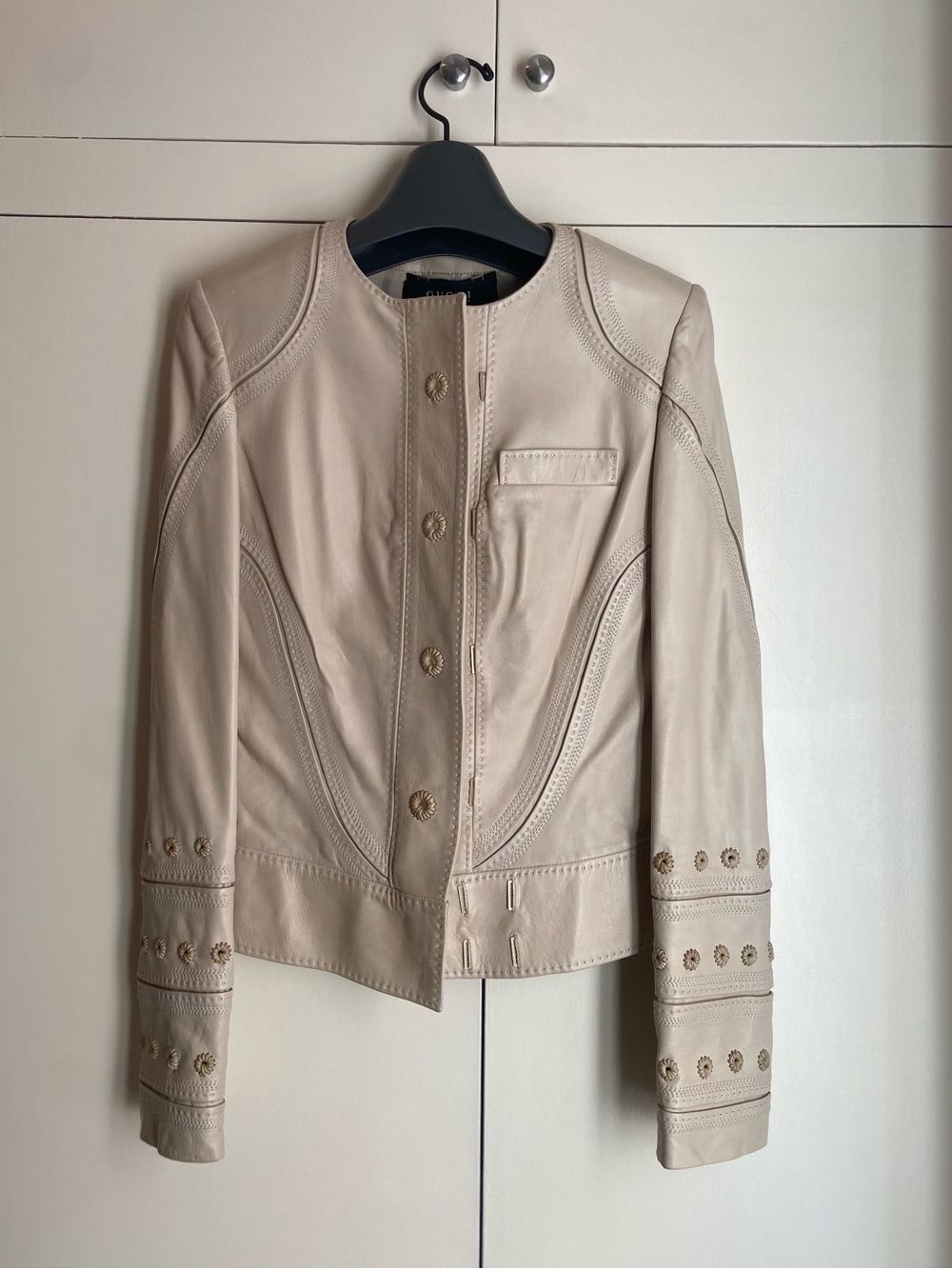 Gucci Beige Leather Button-Front Jacket with Topstitching Accents
